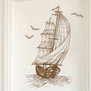 NIP! Sailboat Sail Ship & Seagulls So Cool Wall Decor Sticker White & Brown